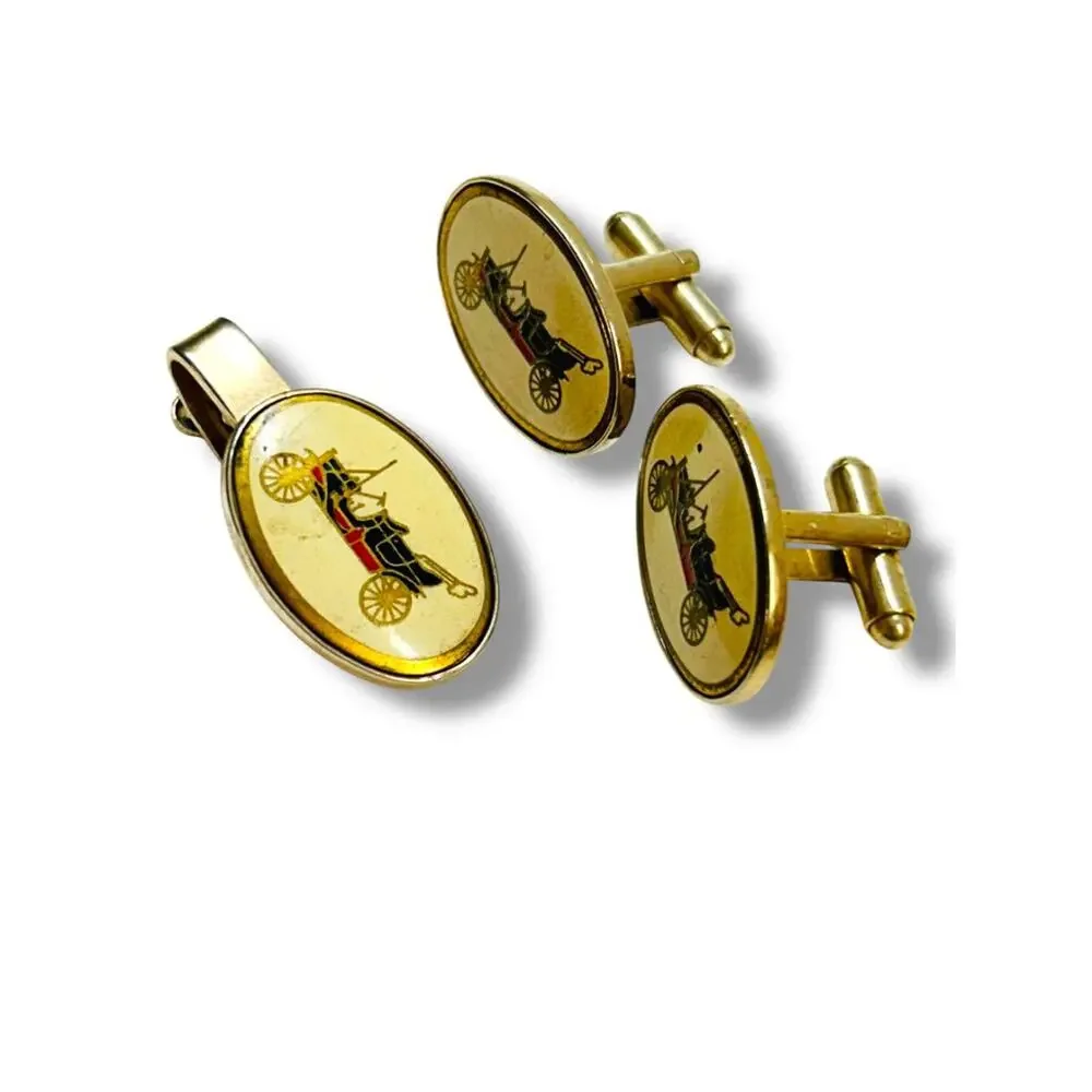 Vintage Cufflink and Tie Clip Bar Set Antique Car Bullet Back